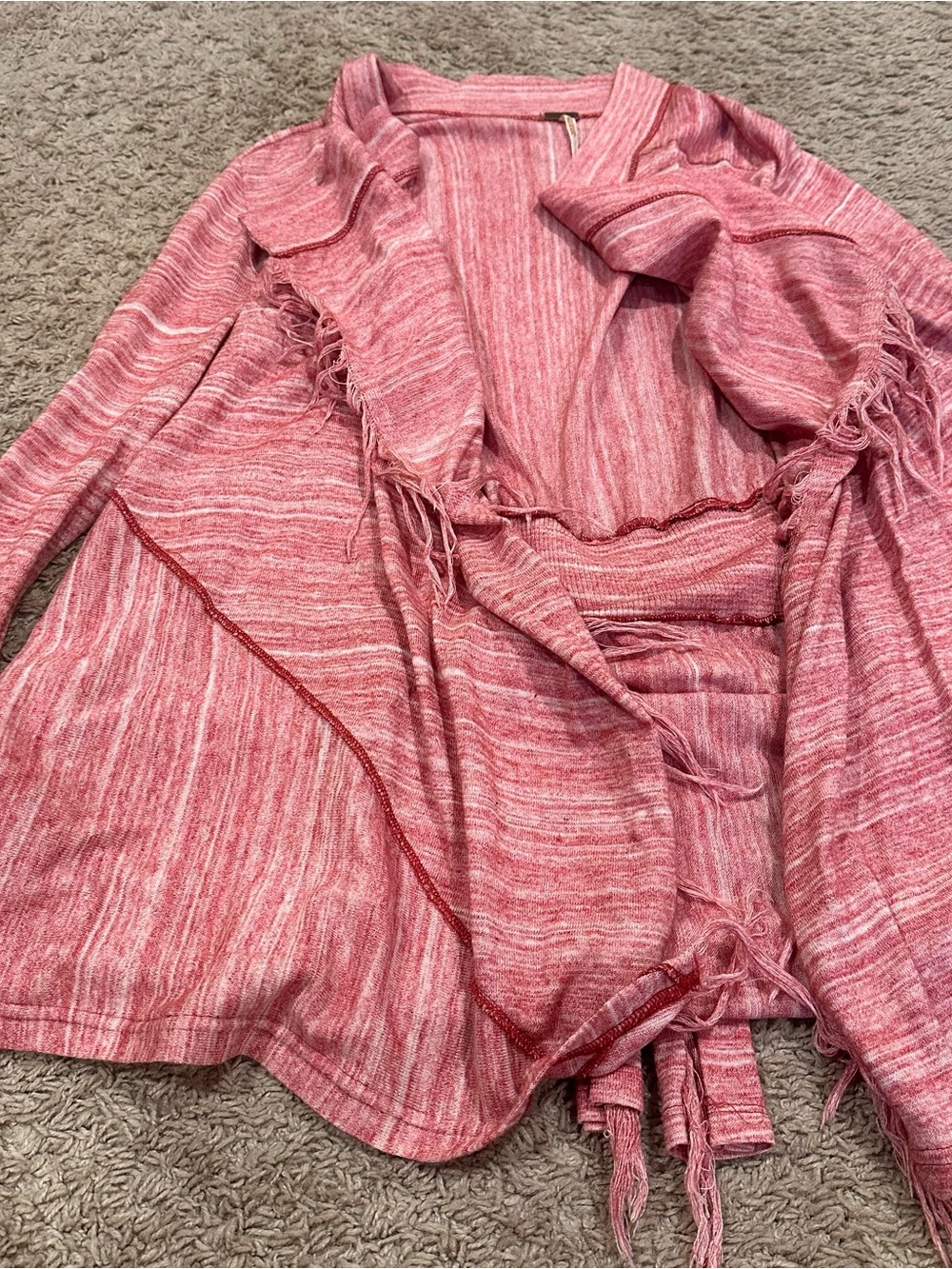 Free People Heathered Pink Fringe Open-Front Cardigan
